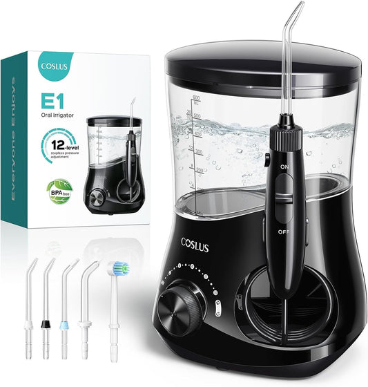 COSLUS Professional Water Flosser for Teeth: 12 Pressure Settings Electric Dental Pick for Tooth Cleaning, Sensitive Gums, Braces, Oral Care - Home Use, 4 Jet Tips for Multiple Users, Family, Black