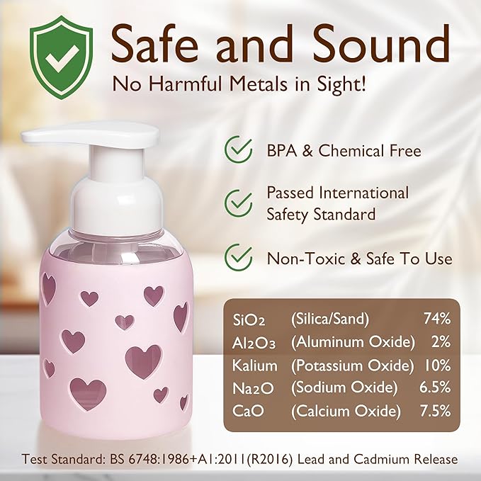 SoCal Suds & Company Glass Foaming Hand Soap Dispenser, Heart Silicone Sleeve, Refillable Pump Bottle for Kids, Baby Wash & Shampoo, Ideal for Home Use, Soft Pink 8oz