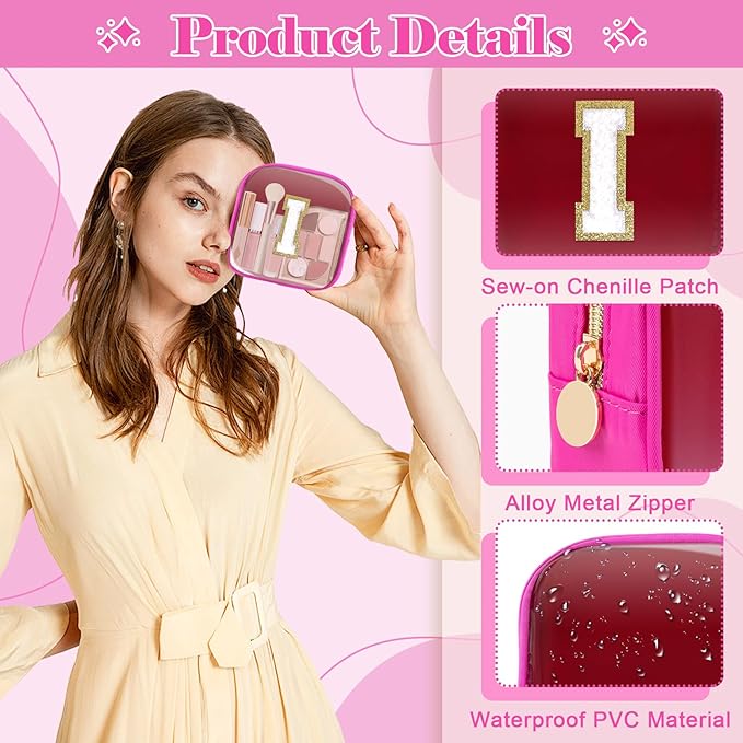 Personalized Initial Letter Clear Preppy Makeup Bag,Mini Nylon Chenille Letter Cosmetic Bag Cute Zipper Pouch Coin Purse for Teen Girls,Portable TSA Approved Travel Essentials Bag Gift for Women,I