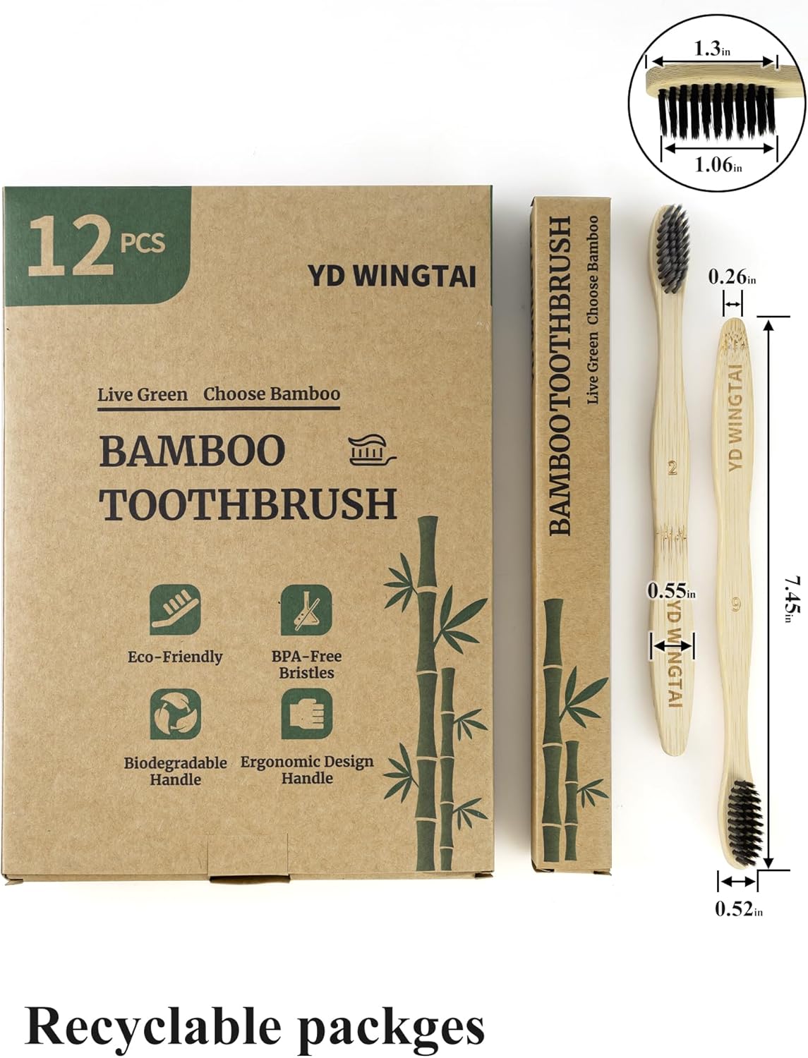 Biodegradable Bamboo Toothbrushes 12pack Non Plastic Toothbrush Natural Wooden Travel Size Organic Charcoal Tooth Brush
