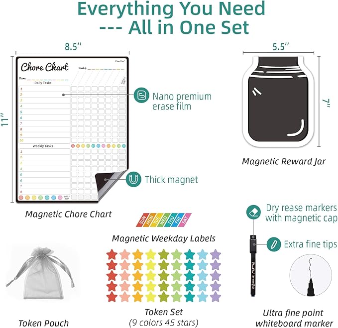 Magnetic Responsibilty Reward Chart for Kids - Magnetic Reward Jar with Stars Included - Ideal for Home Chore Tasks&Reward System