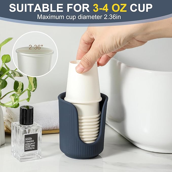 Ceramic Bathroom Cup Dispenser with Stylish Vertical Stripes - Disposable Mouthwash Cup Holder Holds 3-4oz Paper Cups for Rinsing Cups on Bathroom Vanity Countertops (Matte Blue)