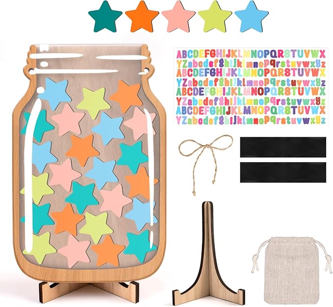 Star Reward Jars for Kids-Magnetic Reward System with Colorful Letter Stickers,Behavior Classroom Incentive Jar for Teachers Parents (Mason Jar with Stars, Kids Motivational Tool)