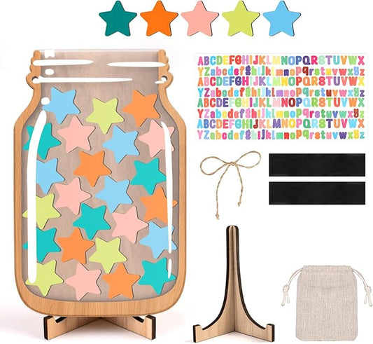 Star Reward Jars for Kids-Magnetic Reward System with Colorful Letter Stickers,Behavior Classroom Incentive Jar for Teachers Parents (Mason Jar with Stars, Kids Motivational Tool)