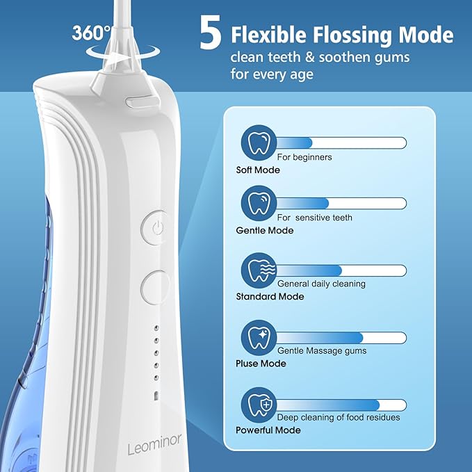 Leominor Water Dental Flosser - 5 Modes Cordless Portable Oral Irrigator, IPX7 Waterproof, Rechargeable Teeth Cleaner Upgrade Datchable Tank Professional Flossing Cleaning Pick for Home Travel (White)