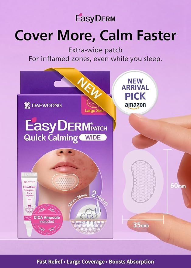 EasyDerm Quick Calming Magnesium Patches WIDE – 2 Large Face Acne Patches for Breakouts, TikTok Viral Microdot, With Bonus CICA Mini Ampoule