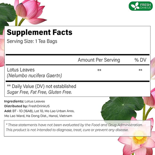 FreshDrinkUS, Premium 135 Lotus Leaf Tea Bags, 100% Natural & Pure from Lotus Leaves. Loose Leaf Lotus Herbal Tea. Made with Eco-Conscious Tea Bags. No Sugar, No Caffeine, No Gluten, Vegan.