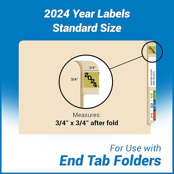 2024 Year Labels, Doctor Stuff 2024 Chart Stickers, Gold/Black Color Coded, Jeter Style, USA Made Year Labels for End Tab File Folders, 500/Roll, 1 Roll, 3/4" x 1-1/2"