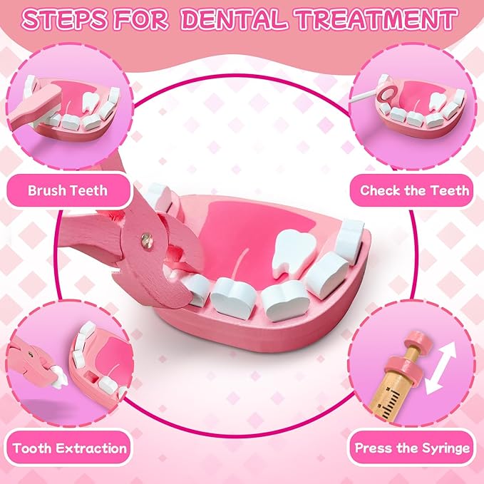 Doctor Kit for Kids Girls, Wooden Kids Dentist Play Set, Doctor Play Set Pretend Play Toys for Toddlers 3-5 , Realistic Wooden Medical Kit Role Play Set, Gifts for Boys Girls 3+ Years