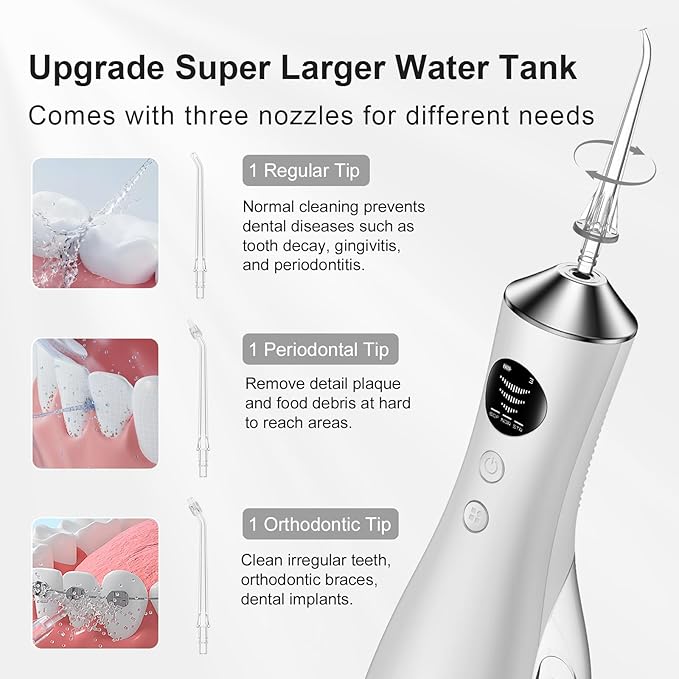 Water Dental Flosser for Teeth, Portable Cordless Water Flosser with 300ML Rechargeable with Type-C, IPX7 Waterproof Water Flossers for Adults with 3 Intensity Modes and 3 Flossing Tips Silver White