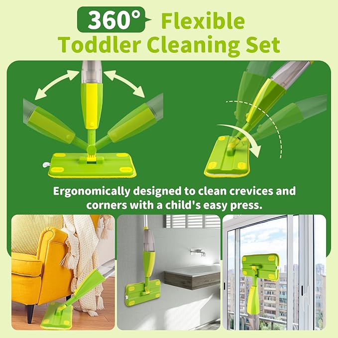 Kids Spray Mop, Fun & Functional Toddler Mop Cleaning Set,Real Working Mini Mop, Pretend Play Toy –Includes Spray Bottle,Washable Microfiber Pads, Montessori Kids Cleaning Toy Set -Green