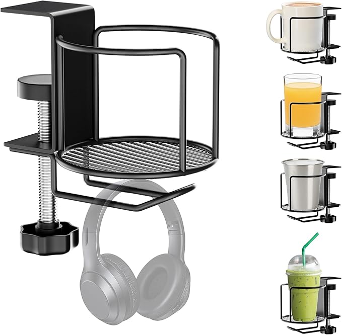 2-in-1 Desk Cup Holder,Anti-Spill Table Water Bottle Holder,Clamp On Table Stainless Steel Drinking Holder,Compatible with Universal Cups/Bottles/Mugs/Cans/Tumblers/Thermoses/Glass,1 Pack