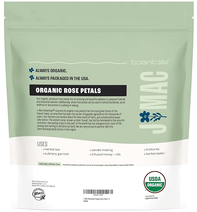 J MAC BOTANICALS Organic Rose Petals, (8 oz) Certified USDA Organic, Edible, Culinary Grade for Herbal Tea, Cooking and Crafts