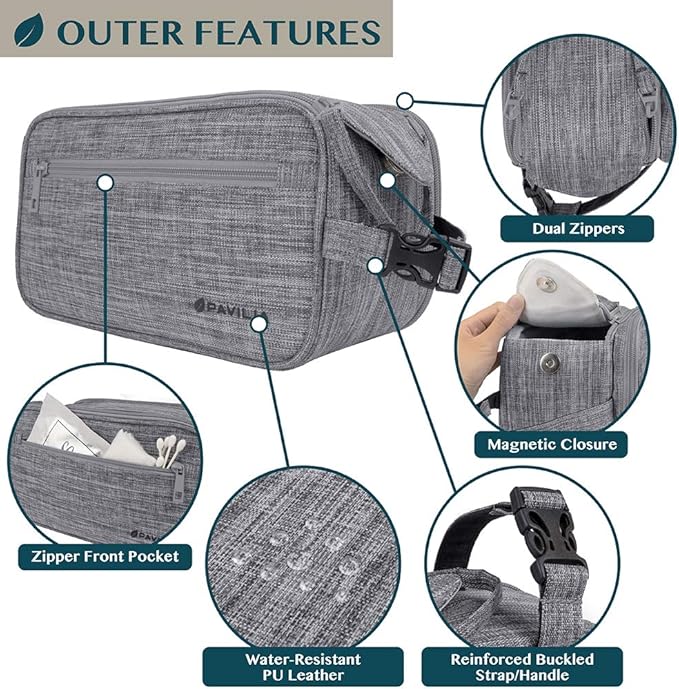 PAVILIA Toiletry Bag for Men, Travel Essentials Shaving Dopp Kit, Mens Travel Bag Toiletries Organizer Case for Grooming, PU Leather Water Resistant Cosmetic Bag Pouch (Heather Grey)