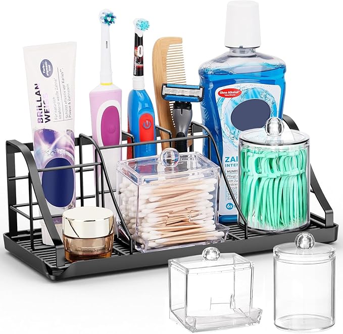 Toothbrush Holders Set with 2 Pack Qtip Holder Dispenser, Kids Electric Toothbrush and Toothpaste Holder, 7 Slots Tooth Brushing Holder for Bathroom Sink Countertop Organizer and Storage Accessories