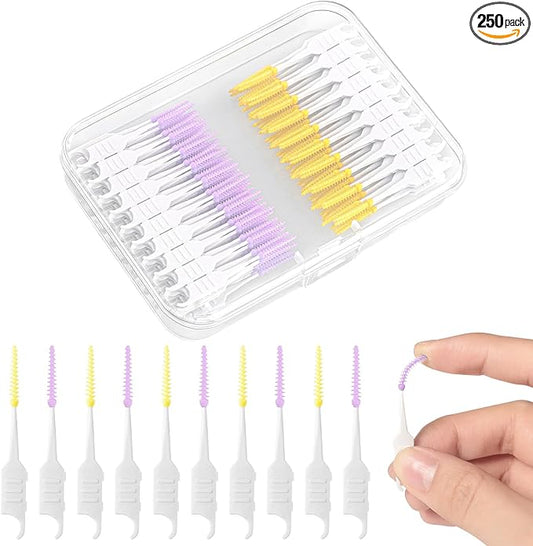 250 Pieces Interdental Brushes, Silicone Dental Floss Picks with Case Dental Brushes Dental Picks Tooth Floss Picks for Teeth Cleaning(Yellow, Purple)