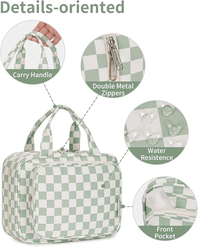 Narwey Hanging Toiletry Bag for Women Travel Checkered Makeup Bag Organizer Toiletries Bag for Travel Size Essentials Accessories Cosmetics (Mint Green Checkerboard (Medium))