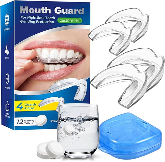 Night Mouth Guard for Teeth Grinding & Clenching, Neateeth Dental Bite Guard with 12 Cleaning Tablets, 4 Packs Sleep Mouthguard for Bruxism