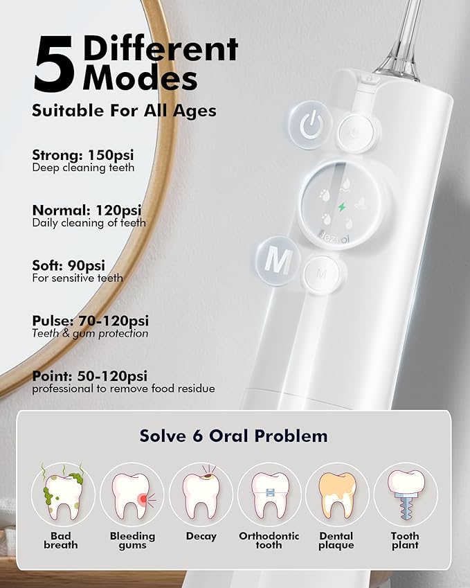 Water Flosser Teeth Pick: LED Display 5 Modes Cordless Dental Pick with 300ML Tank for Braces,Gums Care, IPX7 Waterpoof, 6 Jet Tips Water Flossing Cleaning Picks, Portable for Travel, Home, Y215 White