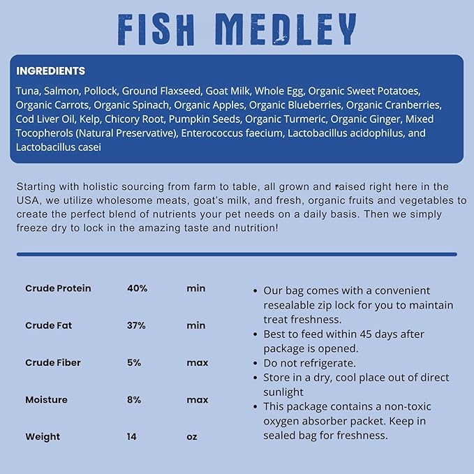 Shepherd Boy Farms Freeze Dried Raw Dog Food, Fish Medley Recipe, All Natural, No Synthetics, Made in USA with Goat's Milk & Organic Produce, High Protein, Complete Meal (48oz)