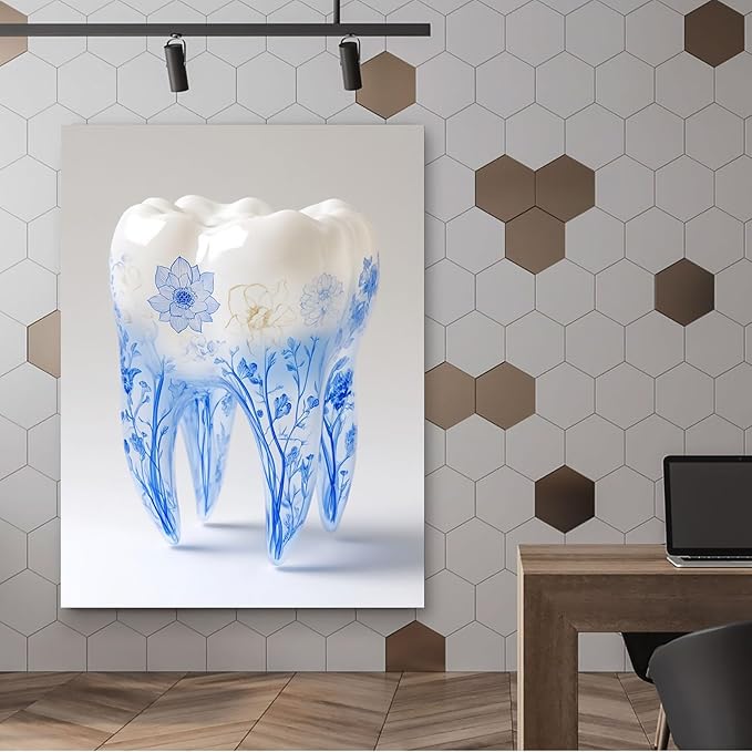 SchindlerBang Medical Dentistry Wall Decor,Blue-and-White Porcelain Teeth Art,Contemporary Clinic Office Canvas,Modern Home Aesthetic,12x16inch Framed Painting Ready to Hang