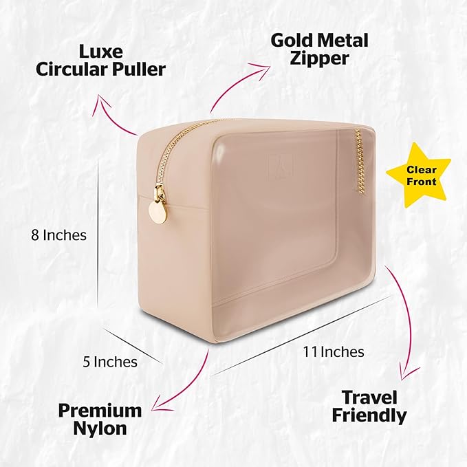 Large Clear Makeup Bag TSA-Approved Travel Cosmetic Pouch Spacious Transparent Toiletry Bag for Women and Girls Waterproof Clear Organizer Case Beige