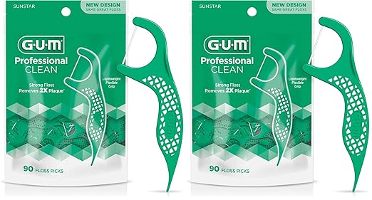 GUM Professional Clean Floss Picks - Extra Strong Shred-Resistant Floss, Easy Grip Handle - Dental Flossers for Adults - Fresh Mint Flavor, 90ct (Pack of 2)