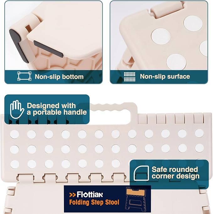 Flottian 5" Folding Step Stool for Adults and Kids 15-Inch Extra Wide Stool Holds Up to 300 lbs,Non-Slip Folding Stools with Handle,Compact Plastic Foldable Step Stool for Bathroom,Kitchen,ect Khaki