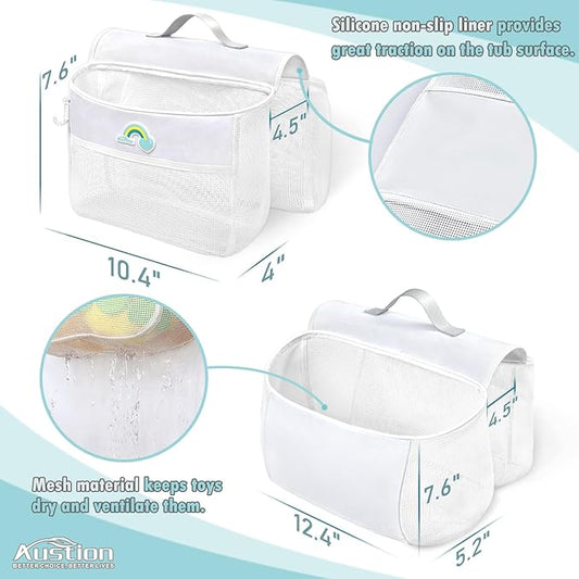 Saddle shape 2 Compartments Bath Toy Organizer, Easy Access for Children, Wide Opening Bath Toy Holder for Drying Toys and Storage, Mesh Shower Toy Holder and Bath Tub Toy Storage Organizer for Tub.