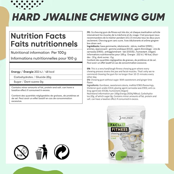 Jawliner® - Pioneers the Toughest Handmade 15x Harder Jawline Gum Includes 12 Weeks Coaching - Sugar-Free Ginger Lime Hard Gum - Jawline Exerciser for Mewing - Chewing Gum Shaping Jaw (2 Months Pack)