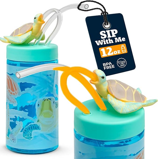 Kids Water Bottle, Toddler Cups, Tumbler with Lid and Straw, Travel Sippy Cup for Water or Milk, Kids Cups with Lids for Toddlers 3 and Up, BPA Free Plastic, 12 oz (Sealife Sea Turtle)