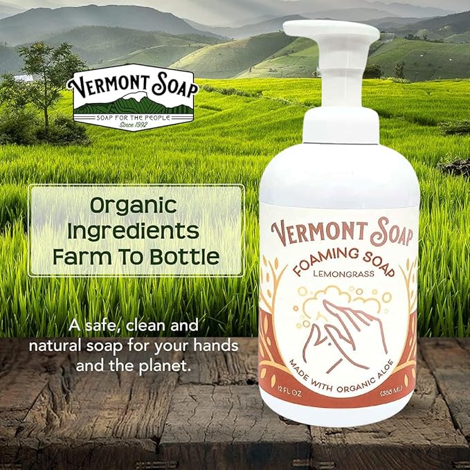 VERMONT SOAP Organic Lemongrass Zen Foaming Hand Soap - Natural Moisturizing Soap for Dry Skin - Fragrance Free Liquid Bathroom Hand Soap Dispenser - Lemongrass Zen - 12 oz