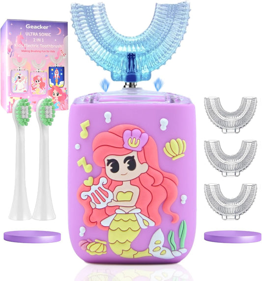 Kids Electric Toothbrush, U Shaped Toothbrush Kids Sonic Automatic Brush with 5 Brush Head 6 Sonic Clean Modes IPX7 Waterproof Mermaid Design Rechargeable Smart Timer for Children 2-7