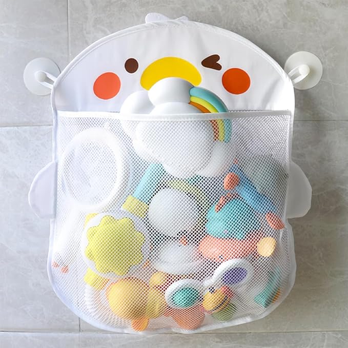 EMVANV Mesh Bath Toy Organizer，Wth 2 Suction Cups Hanging Mesh Bathtub Toy Holder for Kids and Baby Compatible with Bath Toy Storage(White)