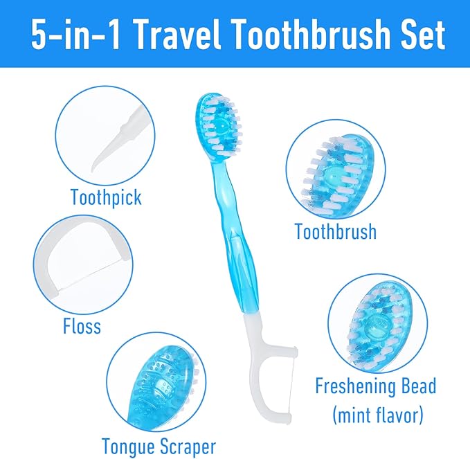40 Pack Disposable Mini Travel Toothbrushes Bulk 5-in-1 Portable Pre-Pasted Travel Toothbrush with Toothpaste Tongue Scraper Floss Pick, Individually Wrapped for Traveling for Adults Kids(4 colors)