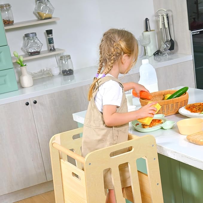 WINGYZ Toddler Kitchen Stool – Adjustable Helper Tower for Kids with Safety Rail, Wooden Standing Step-Up Stool, Sliding Door & Stable Base, Natural Wood