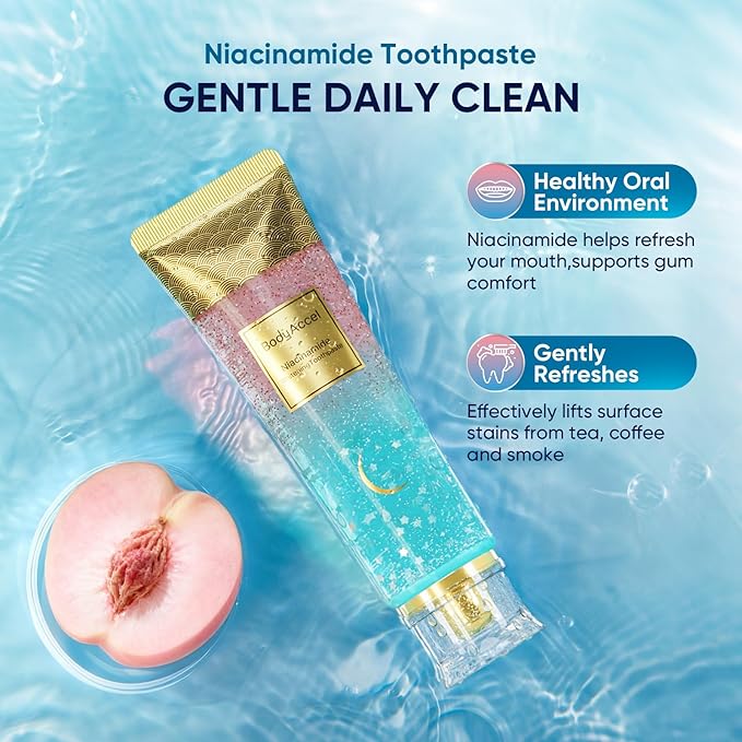 BodyAccel Niacinamide Toothpaste – Whitening & Fluoride-Free, Fresh Breath & Healthy Gums, Removes Surface Stains, Natural Peach Flavor (2 Pack)