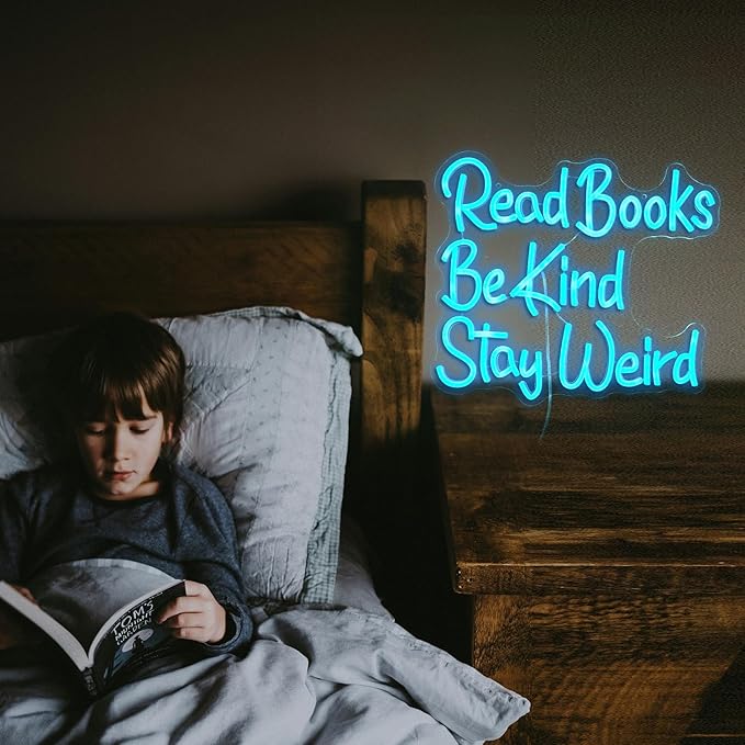 Read Books Be Kind Stay Weird Neon Sign Dimmable Ice Blue Read Books Led Neon Light for Wall Decor USB Powered Be Kind Light Up Sign for Classroom Study Room Bookstore Home Wall Decor