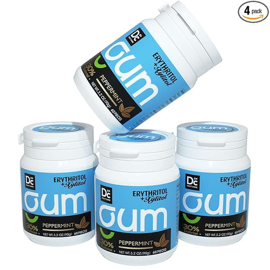 DC24 DAILY CARE Xylitol Chewing Gum with Erythritol, Aspartame Free & Sugar Free Gum, Low-Calorie, Sugarless, Natural Peppermint, 60-Piece Pack, 4 Packs