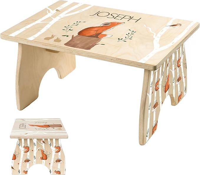 Step Stool for Toddlers- Personalized Wood Kids Step Stool with Name for Kitchen Sink, Bathroom, Potty Training, Toilet, Kitchen Sink- Sturdy and Safe- Made in USA by BloomOwl (Fox)
