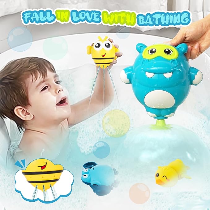 EKU Hippo Bath Toys for Kids Ages 18months+ Toddler with Burger Stacking Cups Swimming Duck Crab Bath Time Water Play Toys Bathtub Toys