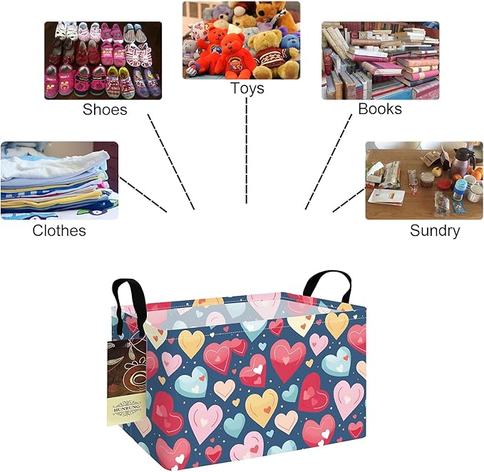 HUNRUNG Rectangle Storage Basket Cute Canvas Organizer Bin for Pet/Children Toys, Books, Clothes Perfect for Rooms/Playroom(REC-Colorful Heart)