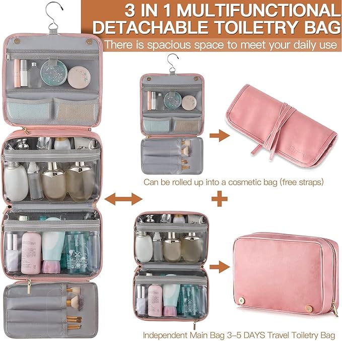 Elviros Hanging Travel Toiletry Bag for Women,3-in-1 Large Makeup Bag and Cosmetic Organizer,Vegan Leather Waterproof Skincare Case for Travel Size Toiletries and Accessories,Gift for Women