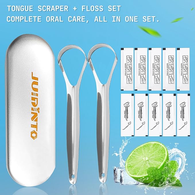 Tongue Scraper Set for Adults – 2 Medical-Grade Stainless Steel Tongue Scrapers with Travel Case + 10 Pack Floss Picks – Tongue Cleaner for Oral Care & Hygiene, Reduce Bad Breath