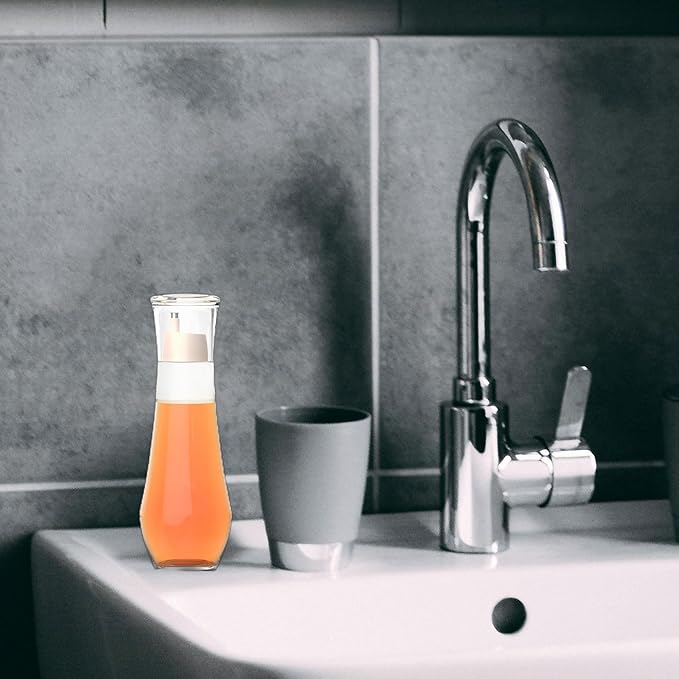 4 Pack Mouthwash Dispenser - 8.8 oz Glass Mouth Wash Container Small Refillable Mouthwash Bottle with Lid Cup for Bathroom Countertop