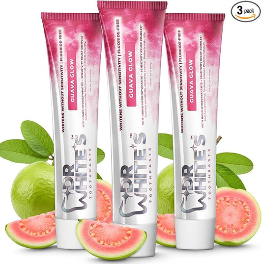 Dr. White’s Fluoride-Free nHA Toothpaste 3-Pack; Dentist-Formulated, Nano Hydroxyapatite + Xylitol, Sensitivity Relief Complex™, Mint-Free, Enamel Safe, Swallow-Safe (3.5 Oz, Guava Glow)
