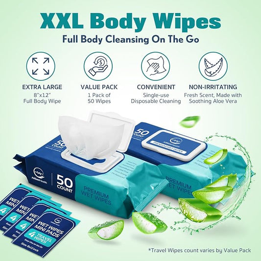 Body Wipes for Adults Bathing No Rinse - Adult Wipes for Elderly 8" x 12" (200 count) Shower No Rinse, Incontinence Disposable Washcloths, Aloe Vera, Vitamin E + 4 individual Packs