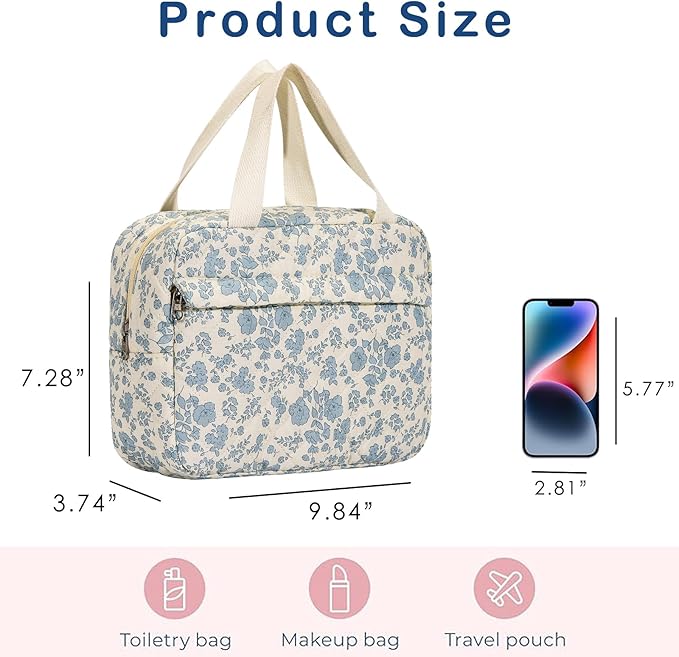 Large Size Quilted Coquette Makeup Bag, Cute Preppy Floral Cotton Travel Cosmetic Organizer Bag with Top Handle, Multi-Layer Travel Toiletry Pouch (01Lightblue Flower)