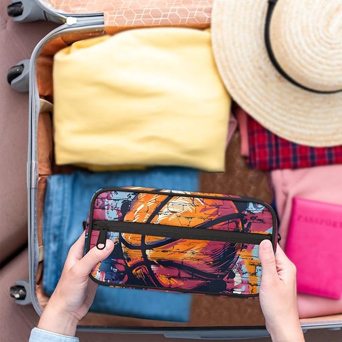 Basketball Patterns Boys Travel Toiletry Bag Waterproof Wash Bag Shower Shaving Bag Cosmetic Organizer Makeup Bag Portable Toiletries Accessories for Women Men Ball Theme