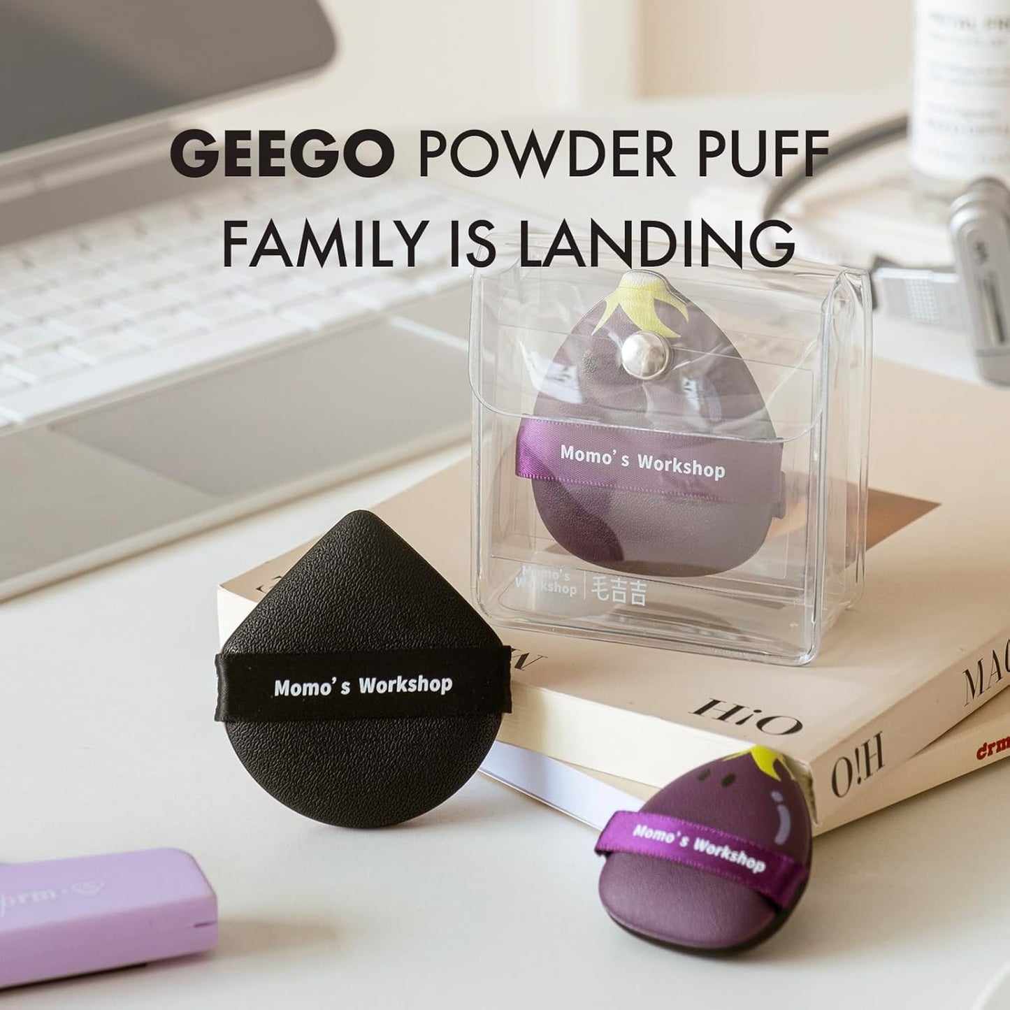 Momo's Workshop Eggplant Makeup Sponge Set - Dual Wet & Dry Use, Reinforced Strap, Even Foundation Application, for Cushion/Cream Foundation to Achieve Natural Finish,2pcs,L+M & Storage Case